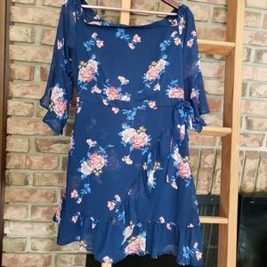 Blue/Pink Floral Off-The-Shoulder Dress
